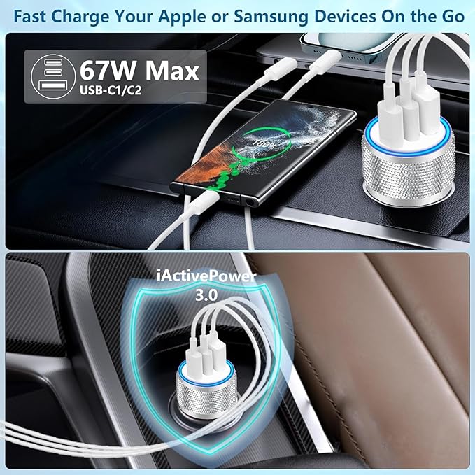 USB C Car Charger for iPhone 17, BAOYUANDA 67W 3-Port USB-C & USB-A Fast Car Charger Cigarette Lighter with 2Pack 3FT USB C to C Cable Fast Charging for iPhone 17/Air/16 Plus/16 Pro/16 Pro Max, iPad