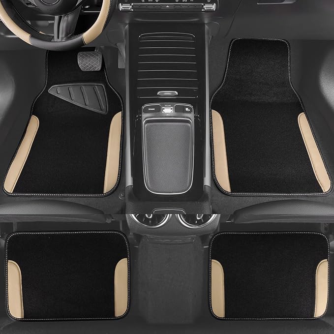 CAR PASS Waterproof Car Floor Mat, Universal Fit Car Mats with Driver Heel Pad, Leather Car Carpet, Anti-Slip Nibbed Backing Floor Mats for SUV, Vans,Sedan,Truck, Automotive Floor Mats (Black Beige)