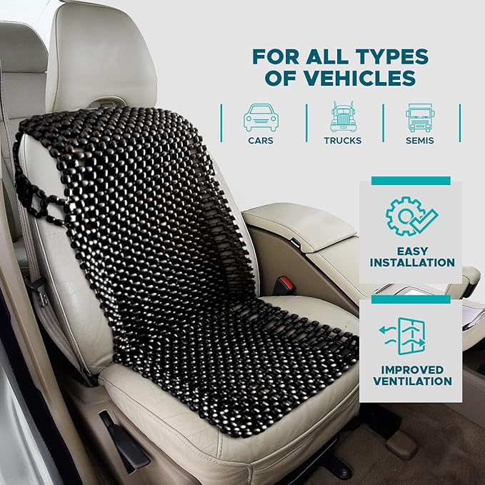 VaygWay Beaded Seat Cushion Car Driver Seat Cover with Durable & Double Strung Natural Wood Beads- Cooling Comfort Ventilated Massaging Support Cushion for Cars, Trucks & Office Chairs- Black