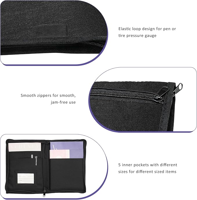 Car Registration Insurance Holder, Auto Glove Box Compartment Document Organizer Owner Manual Case, Multi-Pocket Zippered Storage Pouch for Driver's Licenses Cards Pens