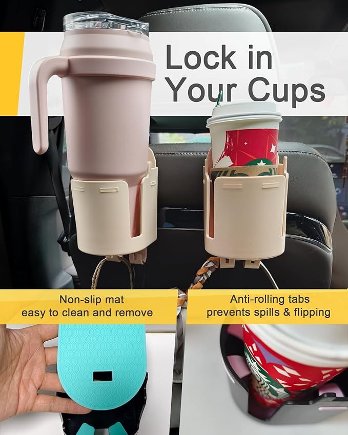Headrest Cup Holder for Back Seat, Stable Spill-Resistant Drink Holder with Hooks for Bags, Fits 50oz Bottles, Compatible with Sedans, SUVs, and Trucks 2 Pack