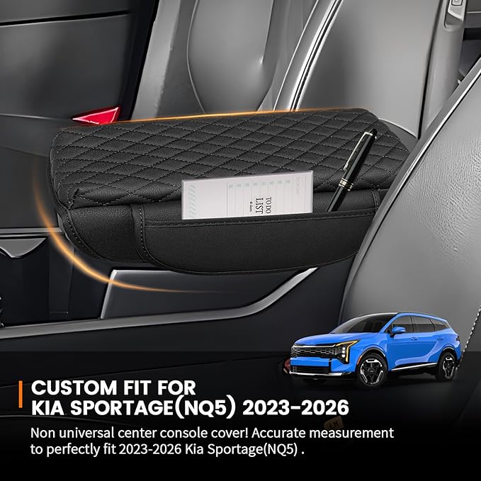 Custom for Center Console Cover Kia Sportage(NQ5) 2023-2026 Armrest Cover Accessories PU Leather Armrest Seat Box Cover Protector with Pockets Storage Bag