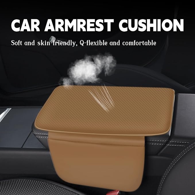 Car Armrest Cover Pad - Nappa Leather Car Center Console Cover with Breathable Holes, Non-Slip Auto Arm Rest Cushion, Universal Car Interior Accessories Fit forTesla Model Y Most Cars (Light Brown)