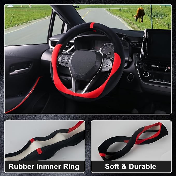 COFIT Plush Steering Wheel Cover Winter, Soft Warm Furry Grip Protector for Cars SUVs Trucks, Fits 14.5-15 Inch, Non-Slip Interior Accessory, Red