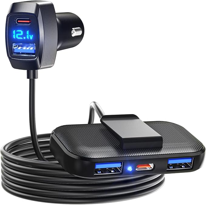 LENCENT 5 Multi Ports Type C Car Charger, 31W USB C Charger Adapter, Compatible for Samsung, iPhone, iPad, Voltage Detection, Multiple Cigarette Lighter Adapter with 5FT Cable for Back Seat Charging