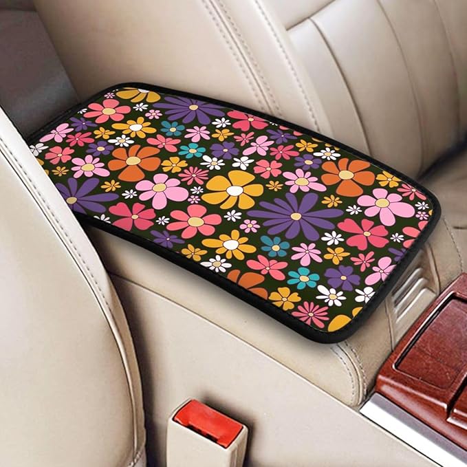 Universal Car Center Console Cushion Pad, Colorful Flowers Soft Waterproof Car Center Console Cover Auto Armrest Seat Box Cover Protector for Most Vehicle SUV Truck Car