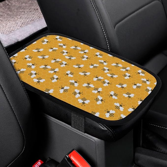 Bee with Honey Car Center Console Cushion Pad,Waterproof Armrest Seat Box Cover Protector,Comfortable Car Decor Accessories Fit for Most Cars, Vehicles, SUVs