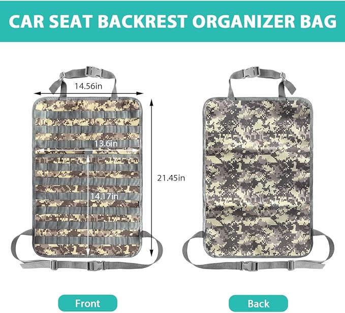 Car Seat Back Organizer, Tactical MOLLE Sag Proof Vehicle Panel Backseat Cover Protector, Universal Molle Nylon Storage Bag Seat Back Hanger Pad for Car Truck SUV Pickup (Camouflage ACU)