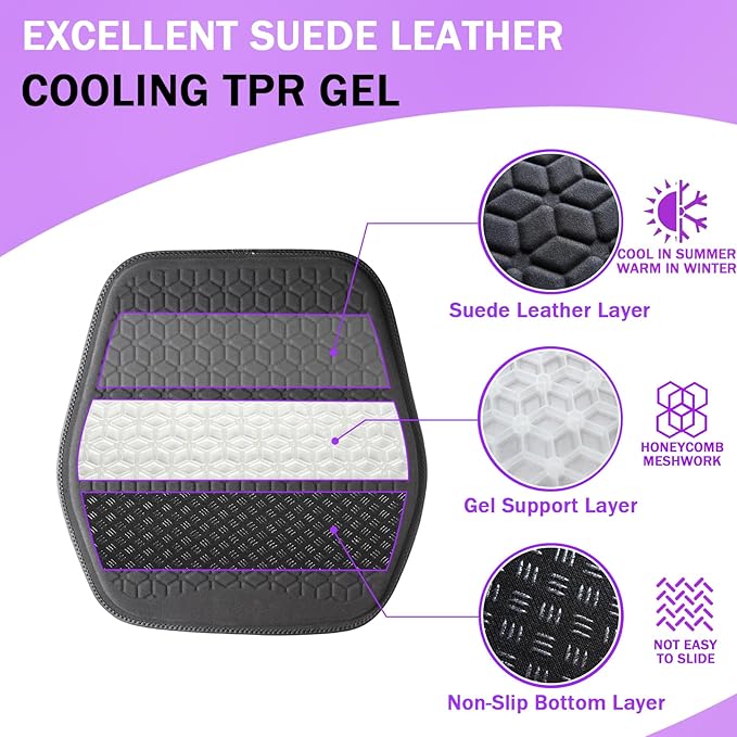 Thin Premium Gel Seat Cushion for Car Seat, Office Chair, Wheelchair, Golf Cart - Non-Slip Car Seat Cushions with 0.7 Inch Gel - Sciatica & Coccyx Pain Relief (Suede, Black)