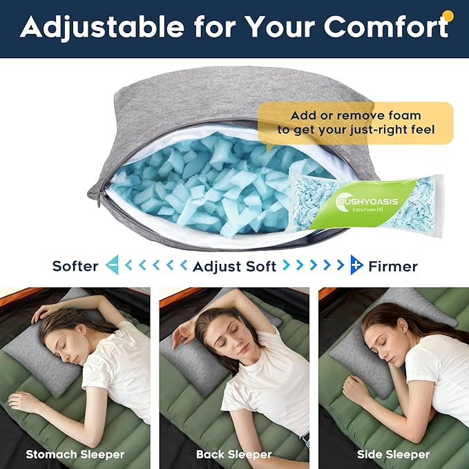 CushyOasis All-in-1 Camping Pillow Set - Shredded Memory Foam Small Travel Neck Pillow for Sleeping with Eye Mask, Earplugs & Washable Cover, Compact for Backpacking, Hiking, Airplane, Car, M Size