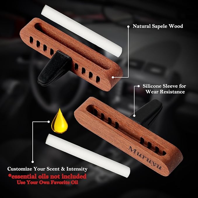 Muruyu [2-Pack] Natural Sapele Wood Car Diffuser with Vent Clip, Refillable Car Air Freshener for your own Essential Oils (No Oils Included), Premium Auto Interior Accessories