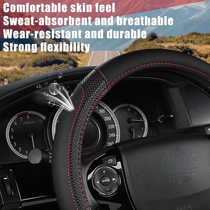 Car Steering Wheel Cover, 14.97 Inch Leather Non-Slip Vehicle Steer Wheel Protector, Soft & Breathable Automotive Interior Protection Accessories, Universal for SUV Sedan Truck (Black)