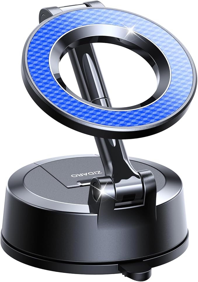 ZIDARO Vacuum Magnetic Car Phone Holder, 360°Adjustable, Compatible with iPhone 12-17 Series & Dashboard Mount & Tesla, 80+LBS Strong Suction Cup Phone Holders for Your Car, MagSafe-Compatible (Blue)