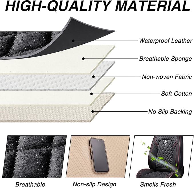 BYXN Car Seat Covers for Jeep Wrangler 2000-2026,Breathable Nappa Leather Car Seat Protector,Front Seat Covers Automotive Seat Cushion with Airbag Compatible(Front Seats,Black-Red)