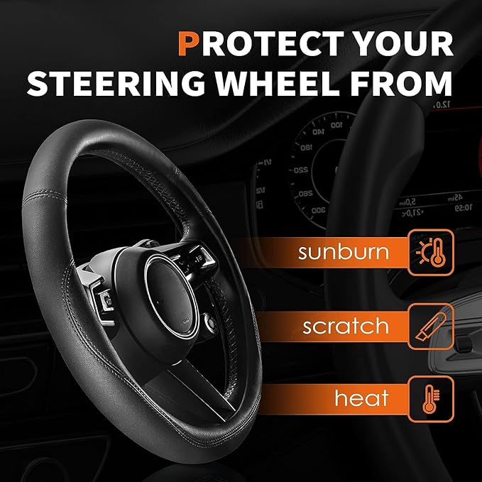 HOTOR Car Steering Wheel Cover - Universal Car Accessory for Diverse Cars, Leather Cover with Anti-Slip Lining, for Steering Wheel with a Diameter of 14.5"-15",Black