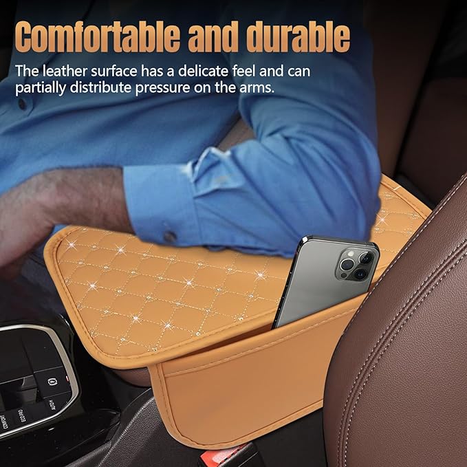 wuyaoyao Bling Car Center Console Cover, 11.81"×7.87" Leather Auto Arm Rest Cover Protector with 2 Storage Bags, Vehicle Crystal Rhinestone Armrest Cushion Pad, Interior Car Accessories (Yellow)