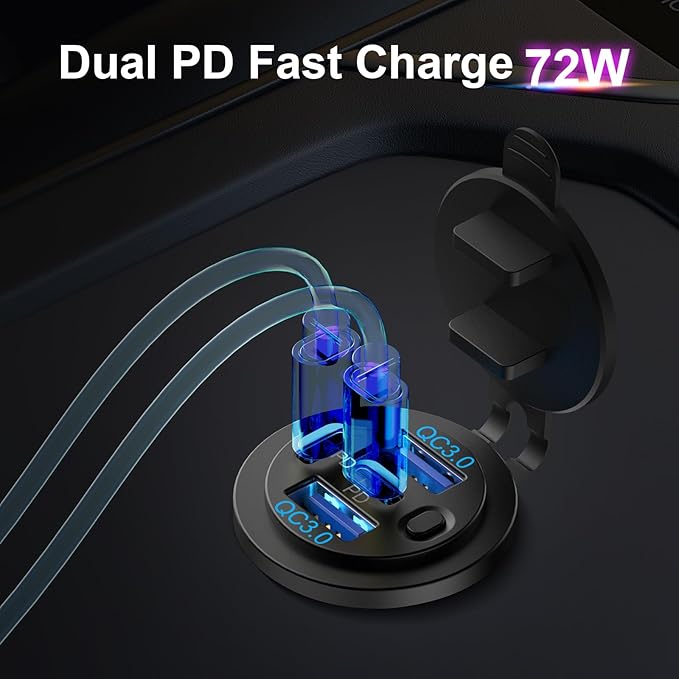 2 Pack Dual PD 30W USB C Port and Dual Quick Charge 3.0 Port 12V USB Outlet with Power Switch, 78W Multiport Car Charger Socket Waterproof DIY Accessories for Car Boat Marine Motorcycle RV ATV
