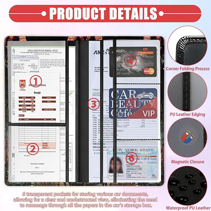 Car Registration and Insurance Card Holder for Women Men, Waterproof PU Leather Glove Box Car Organizer with Magnetic Shut, Vehicle Document Holder for Driver License,Cards, Moth Moon Pattern