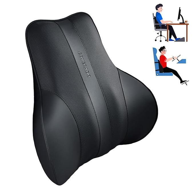 Coverado Lumbar Support Pillow for Car, Ergonomic Memory Foam Back Pillow for Office Chair, New Back Cushion for Pain Relief, PU Leather Car Lumbar Support for Driving Seat Black