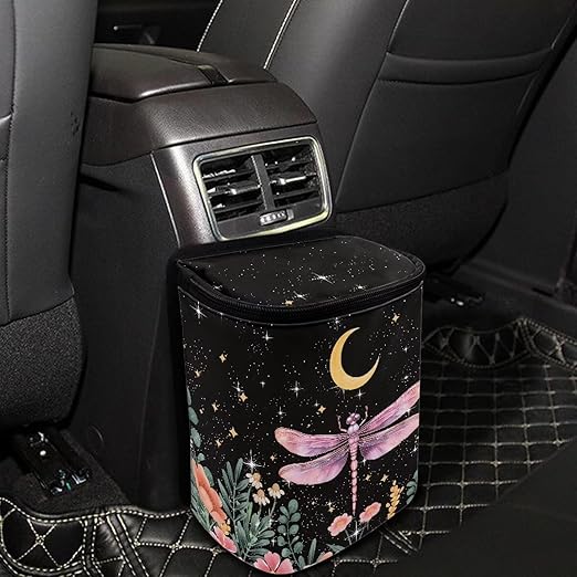Talayituse Dragonfly Flower Moon Print Car Trash Can with Lid, Leak Proof Auto Trash Bag Hanging Vehicle Garbage Can Multipurpose Storage Container for Back Seat Road Trip