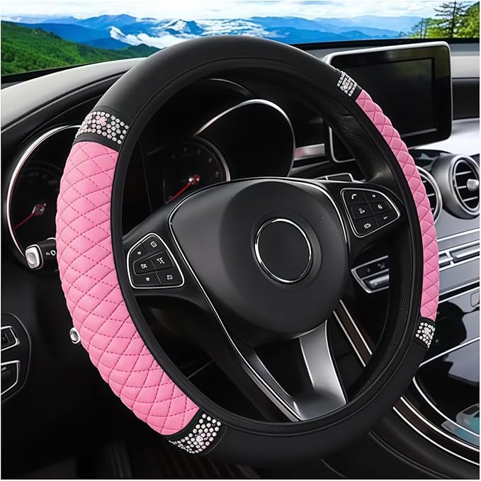 Bling Car Steering Wheel Cover, 15 Inch Crystal Rhinestone Elastic Stretch Leather Steering Wheel Protector, Vehicle Decor Accessories for Women Girls, Universal for RV, SUV, Truck (Pink)