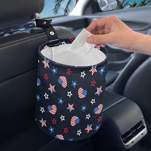 Brosoneto American Flag Star Car Trash Can Waste Basket Portable Car Garbage Bin Collapsible Accessories Trash Can for Car SUV Trucks Universal