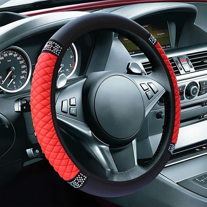 Bling Soft Leather Steering Wheel Cover, 15" Anti-Slip Sparkly Crystal Auto Elastic Steering Wheel Protector for Women Girl, Colorful Diamond Car Interior Accessory for Most Cars (Red)
