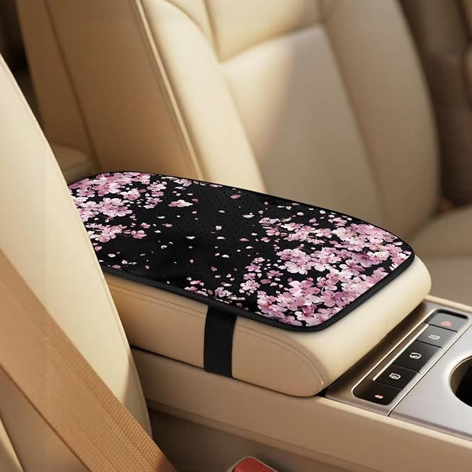 Psesaysky 5-Piece Auto Interior Covers Set Cherry Blossom PU Leather Breathable Front Seat Covers Seatbelt Covers & Armrest Pad for Cars, Trucks, SUVs, Vehicle Decor