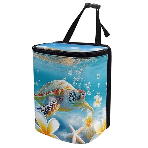Talayituse Turtle Starfish Conch Plumeria Print Car Trash Can with Lid, Leak Proof Auto Trash Bag Hanging Vehicle Garbage Can Multipurpose Storage Container for Back Seat Road Trip