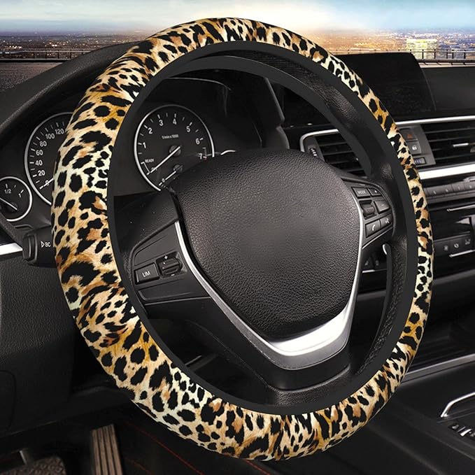 Leopard Print Neoprene Steering Wheel Cover Anti-Slip Elastic Cheetah Print Steering Wheel Protector 15in Universal Car Accessories Fit Cars, SUVs, Auto