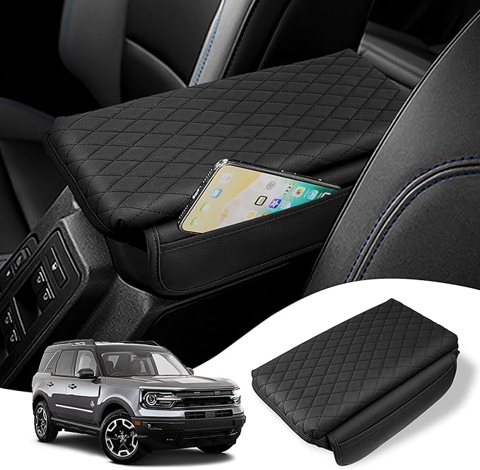 Custom Fit for Center Console Cover Ford Bronco 2021 2022 2023 2024 2025 2/4-Door Armrest Cover Center Console Pad Interior Accessories with Pockets Storage Bag Black