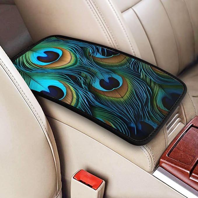 Peacock Feather Patterns Car Center Console Cover Universal Car Armrest Cover Waterproof Auto Armrest Seat Box Mat Protector Decoration Car Center Console Cushion Pad for Most Vehicle SUV Truck