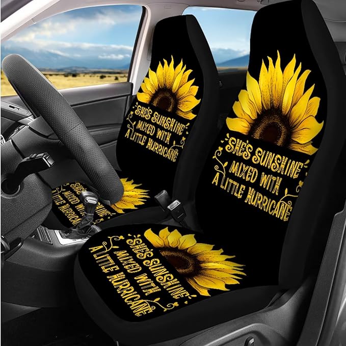 Dngkaoje Sunflower Car Seat Cover Set 13 Pack She's Sunshine Sunflower Auto Front Rear Seat Protector Full Set Universal Car Accessories with Seatbelt Shoulder Pads,Steering Wheel Covers,Garbage Bin