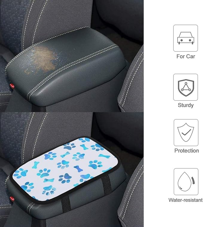 Blue Watercolor Paw Prints Car Center Console Cushion Pad,Waterproof Armrest Seat Box Cover Protector,Comfortable Car Decor Accessories Fit for Most Cars, Vehicles, SUVs