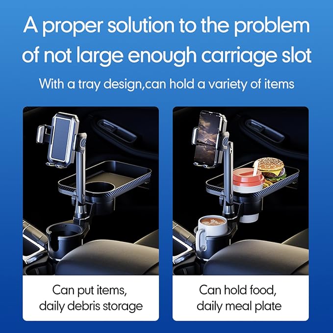 Cup Holder Tray for Car, Upgrade 4 in 1 Adjustable Detachable Car Food Table Tray with Solid Base & Phone Slot,Car Cup Holder Expander with 360°Rotation Tray for Travel Road Essential S