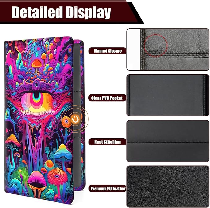 Car Registration and Insurance Holder, PU Leather Auto Document Holder for Men&Women, Vehicle Glove Box Compartment Organizer with Magnetic Shut for Driver's License, Trippy Mushrooms Pattern