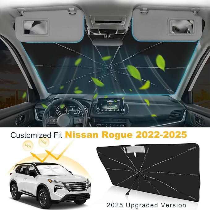 Windshield Sun Shade Umbrella Custom for Nissan Rogue 2022 2023 2024 2025 Foldable UV Protection Car Cover, Emergency Rain Shield & Dashboard Protector - Durable Auto Accessory