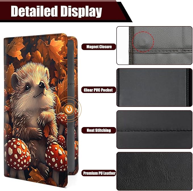 Car Document Holder with Magnetic Shut, Car Registration and Insurance Card Holder, Vehicle Glove Box Organizer Documents, Driver License, Auto Paperwork Organizer Wallet, Hedgehog In Mushroom