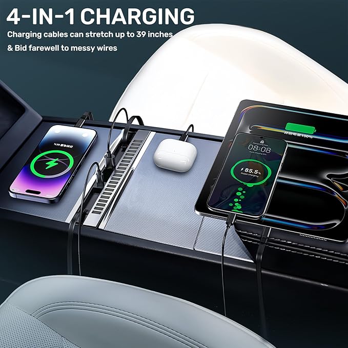 USB Hub for Tesla Model Y Juniper 2025 2026 Model 3 Highland 2024 2025 with Sliding Cover, 107W RGB Ambient Light Docking Station Multi Ports Retractable Cable Fast Charger fit Center Console