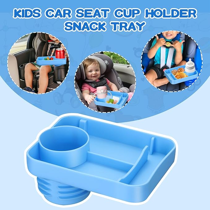 Car Seat Cup Holder Snack Tray - Silicone Food Trays for Travel with Expandable Soft Rubber Base Fits Most Cup Holders Portable Accessories Essentials for Small Fruit, Toys Blue