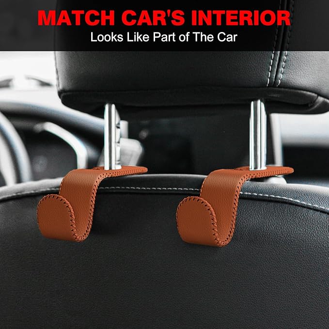 AMVOYOA Leather-Wrapped Car Headrest Hooks & Seat Back Organizer - 2 Pack U-Shaped Car Purse Holder for Bags, Coats, Handcrafted Stitching, Flexible Car Accessories for Women (Brown)