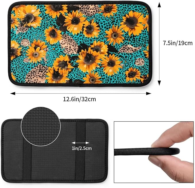 Center Console Cover Sunflower Flower Armrest Lid Cushion Pad Blue Leopard Arm Rest Cover Girly Car Accessories