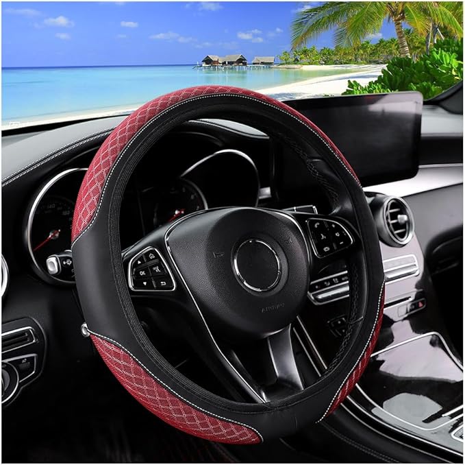 Elastic Car Steering Wheel Cover, 14.5-15 Inch Leather Non Slip Vehicle Steering Wheel Protecter Without Inner Ring, Auto Interior Protection Accessories, Universal Fit (Wine Red)