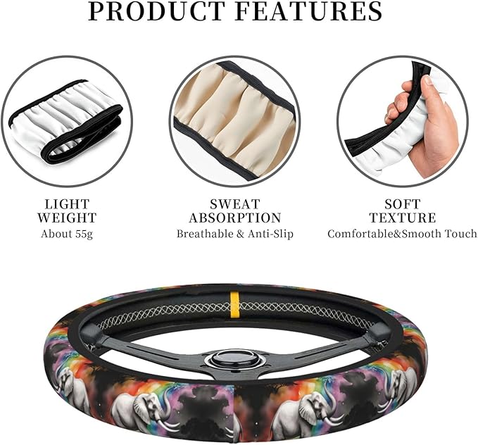 Elephant Rainbow Neoprene Steering Wheel Covers Women Men Car Accessories, Universal 15 Inch Fit Auto, Suvs, Truck
