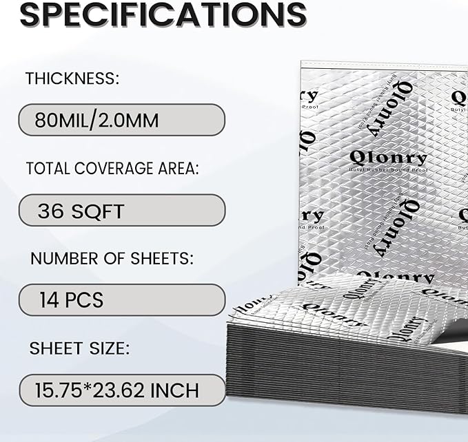 Qlonry Upgrade Car Sound Deadening Mat, 28 Pcs 80mil (2mm) 72 sqft (6.72 sqm) Butyl Automotive Sound Deadener, Noise Insulation and Vibration Dampening Material with Silicone Raised Gloves