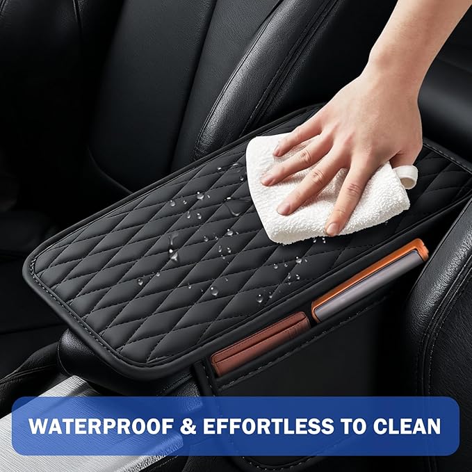 Leather Car Center Console Cover – Soft Armrest Cover Cushion with Side Pockets, Non-Slip Backing, Scratch-Resistant & Waterproof, Fits Most Cars SUVs Trucks, Black