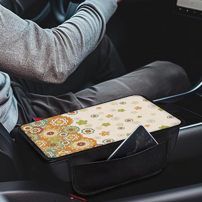 Dreaweet Center Console Cover Cute Sunflower Car Accessories for Women Girly,Car Car Console Covers with Pockets,Car Arm Rest Cover Pad,Universal Armrest Cover for Car Truck SUV Van
