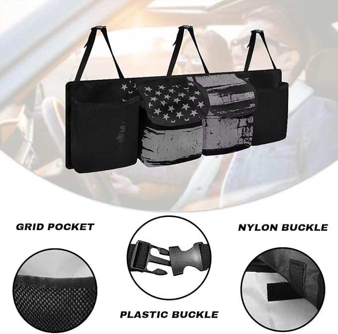 American Flag Car Trunk Organizer, Backseat Hanging Large Storage with Adjustable Straps & 4 Pockets, Waterproof Collapsible Cargo Bag, Car Interior Accessories for Auto SUV MPV
