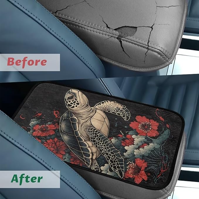 Bulopur Turtle Flower Arm Rest Cover Car Flannel Easy to Install Car Console Covers Vehicle Armrest Cover Vehicle Accessories 12.01 x 7.28 Inch Fit for Most Cars, Vehicles, SUVs