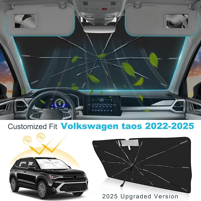 2025 Upgrade Windshield Sun Shade Umbrella Custom Fit for Volkswagen taos 2022-2025 Foldable UV Protection Car Cover, Emergency Rain Shield & Dashboard Protector - Durable Auto Accessory